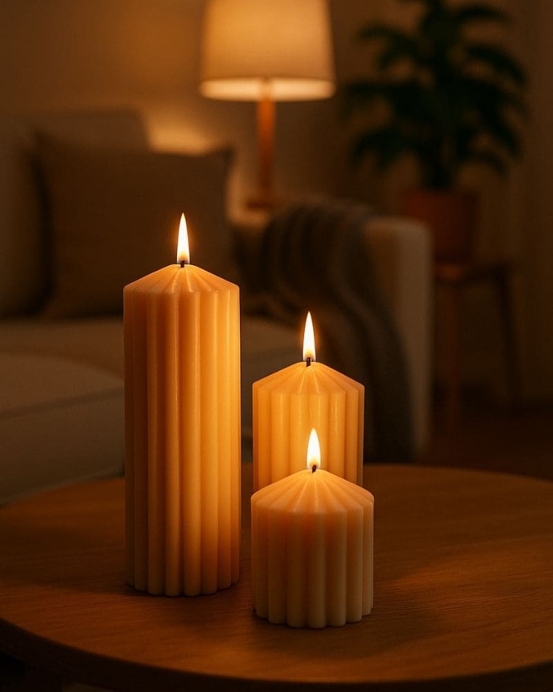 Tre candele profumate in cera vegetale colata a mano del set Orione accese su tavolino in un salotto elegante con luce soffusa