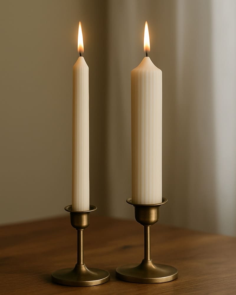 Candele Vega accese in cera vegetale artigianale colata a mano, design elegante su portacandele in ottone.