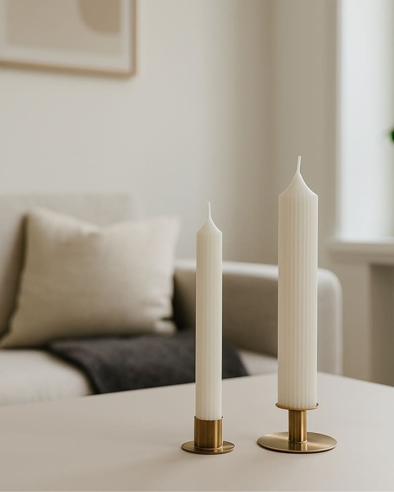 Candele Vega in cera vegetale colata a mano, spente, con portacandele in ottone su tavolo moderno. Candele estetiche rigate eleganti.
