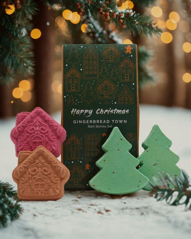 Confezione regalo Frizzanti da Bagno Gingerbread Town con casette e alberi di Natale