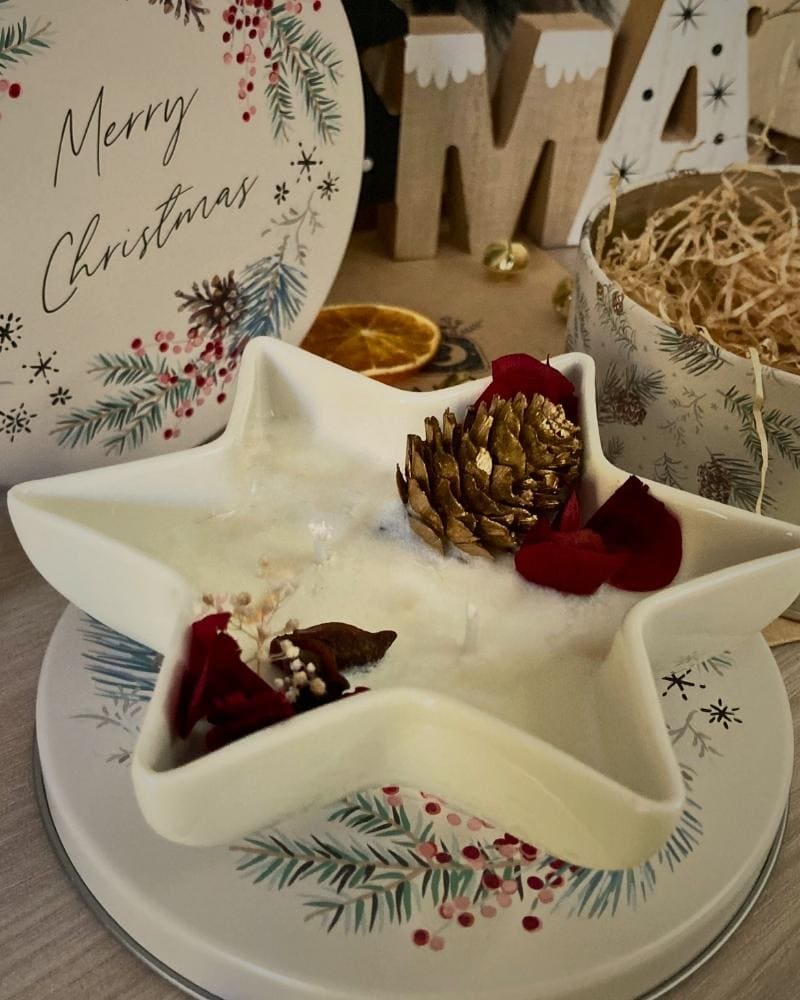 candela "cometa" in cera vegetale colata a amno in un contenitore in ceramica forma di stella decorata in stile natalizio con fiori essiccati rossi e una pigna . Confezione regalo in latta.