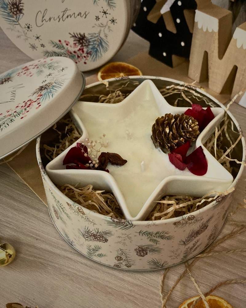 candela botanica a forma di stella in un contenitore a forma di stella nella sua confezione Natalizia di latta