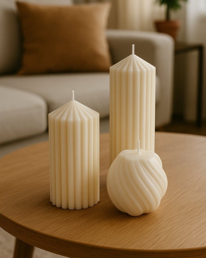Candele in cera vegetale profumata colata a mano, design decorativo moderno su tavolino in legno - By Stardust Emotional Boutique