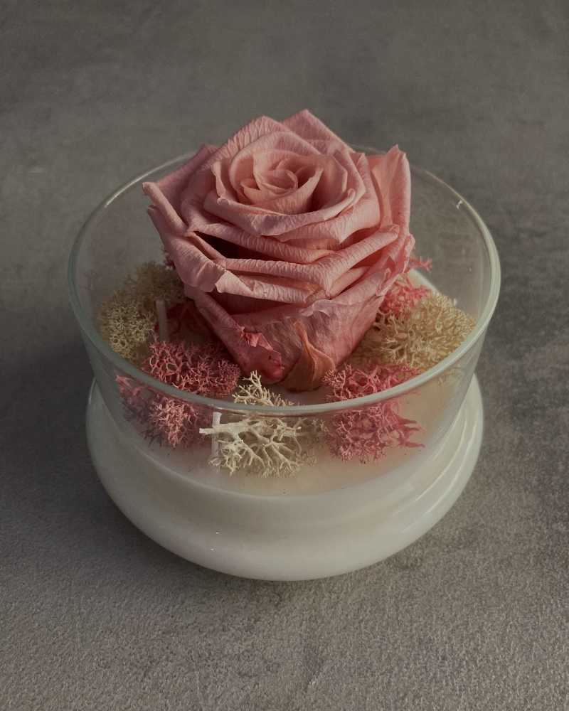Dettaglio rosa stabilizzata su candela artigianale profumata in cera vegetale, muschio decorativo, design raffinato