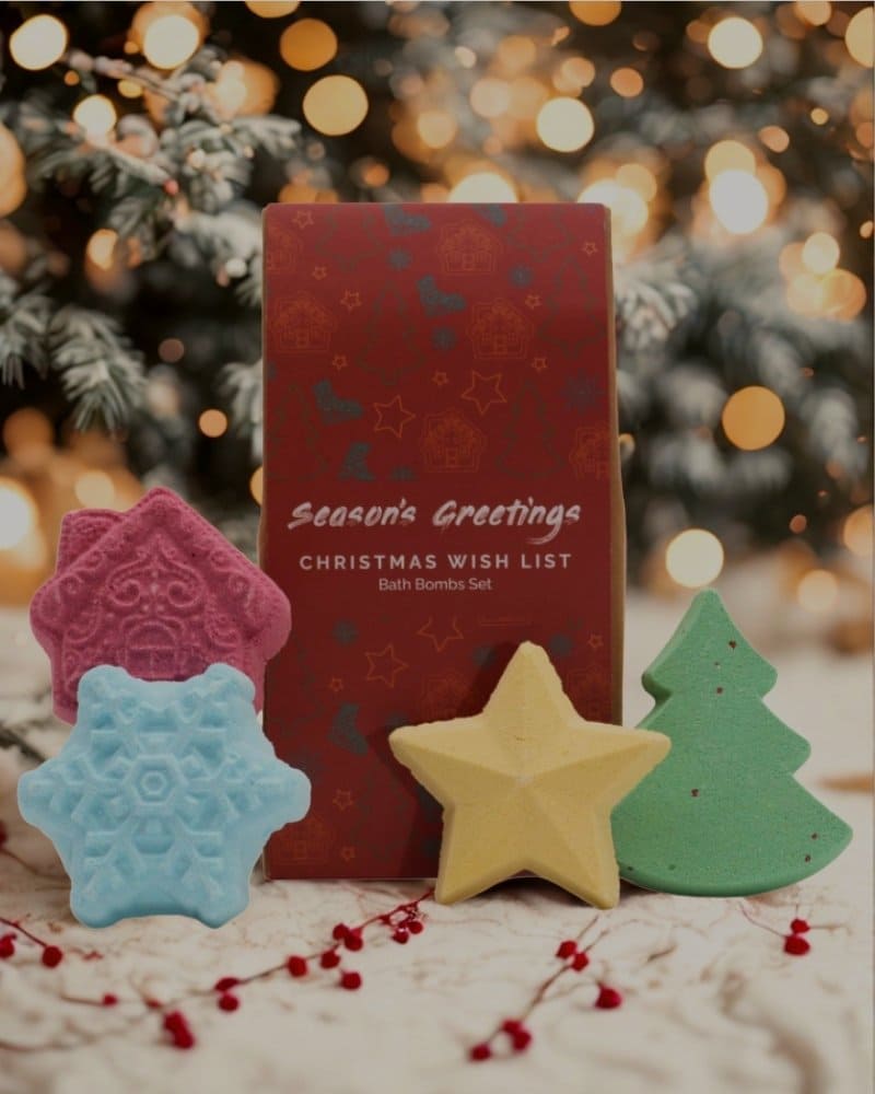 Confezione regalo Frizzanti da Bagno Christmas Wish List con casetta natalizia, albero di natale, fiocco di neve e stella