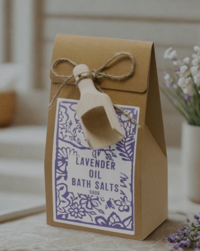 Sali da Bagno Lavanda Himalayana da 500 g con confezione kraft e scoop in legno in bagno elegante